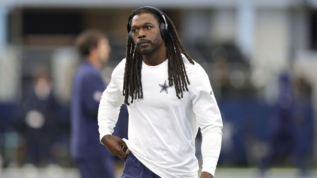 ARLINGTON, TEXAS - OCTOBER 19: Jadeveon Clowney #42 of the Dallas Cowboys looks on before a game against the Washington Commanders at AT&T Stadium on October 19, 2025 in Arlington, Texas.