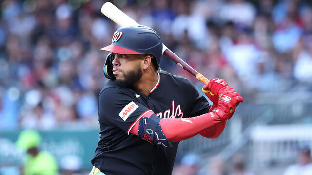ATLANTA, GEORGIA - JULY 30: Luis García Jr. #2 of the Washington Nationals bats in the third inning against the Atlanta Braves at Truist Park on July 30, 2026 in Atlanta, Georgia.