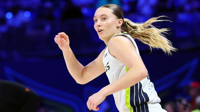 ARLINGTON, TEXAS - AUGUST 02: Paige Bueckers #5 of the Dallas Wings reacts after the team scored against the Connecticut Sun at College Park Center on August 02, 2026 in Arlington, Texas.
