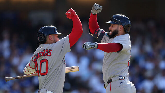 LOS ANGELES, CALIFORNIA - AUGUST 02: Willson Contreras #40 and Wilyer Abreu #52 of the Boston Red Sox celebrate a solo homer against the Los Angeles Dodgers during the third inning at Dodger Stadium on August 02, 2026 in Los Angeles, California.