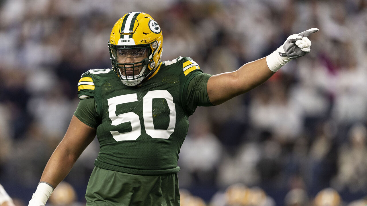 ARLINGTON, TEXAS - JANUARY 14: Zach Tom #50 of the Green Bay Packers reacts during an NFL wild-card playoff football game between the Dallas Cowboys and the Green Bay Packers at AT&T Stadium on January 14, 2024 in Arlington, Texas.