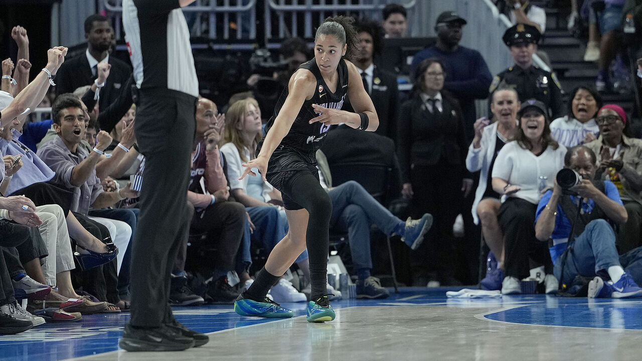 SAN FRANCISCO, CALIFORNIA - AUGUST 02: Janelle Salaun #13 of the Golden State Valkyries reacts after making a three-point basket over Laura Juskaite #2 of the Toronto Tempo in the second half at Chase Center on August 02, 2026 in San Francisco, California.