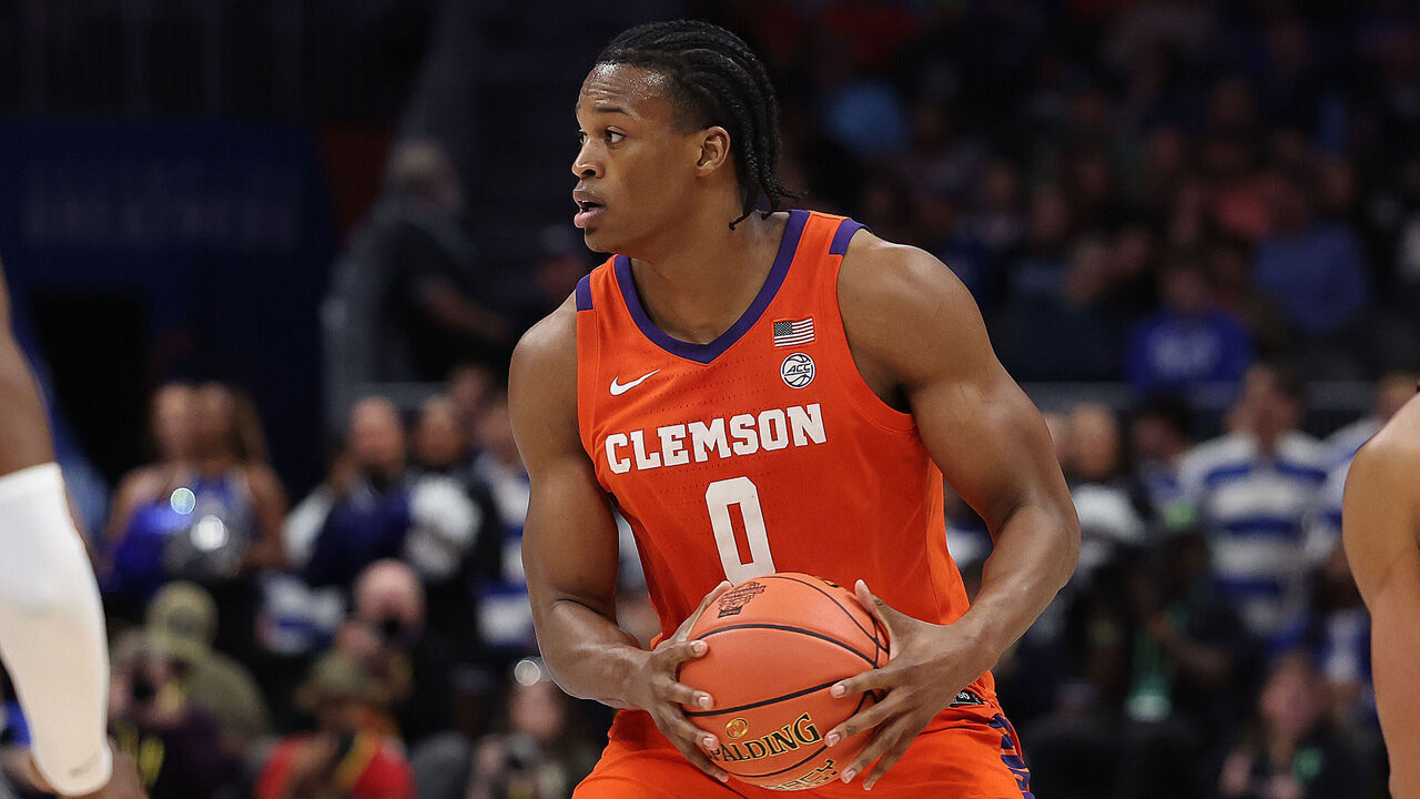 CHARLOTTE, NC - MARCH 13: Clemson Tigers forward RJ Godfrey (0) during the ACC Men's basketball tournament between the Clemson Tigers and the Duke Blue Devils on March 13, 2026 at the Spectrum Center in Charlotte, N.C.