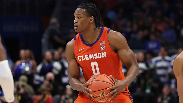 CHARLOTTE, NC - MARCH 13: Clemson Tigers forward RJ Godfrey (0) during the ACC Men's basketball tournament between the Clemson Tigers and the Duke Blue Devils on March 13, 2026 at the Spectrum Center in Charlotte, N.C.