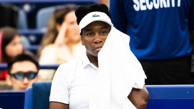 TORONTO, ONTARIO - AUGUST 02: Venus Williams of the United States in action against Kamilla Rakhimova of Uzbekistan in the first round on Day 1 of the National Bank Open, part of the Hologic WTA Tour at Sobeys Stadium on August 02, 2026 in Toronto, Ontario