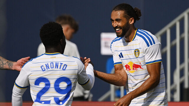 CHICAGO, ILLINOIS - AUGUST 02: Dominic Calvert-Lewin #9 of Leeds United celebrates his second goal with Wilfried Gnonto #29 against Liverpool FC during the second half at Soldier Field on August 02, 2026 in Chicago, Illinois.