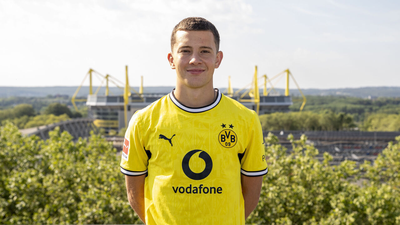 DORTMUND, GERMANY - AUGUST 3: Konstantinos Karetsas of Borussia Dortmund poses after he signed a contract with Borussia Dortmund on August 3, 2026 in Dortmund, Germany.