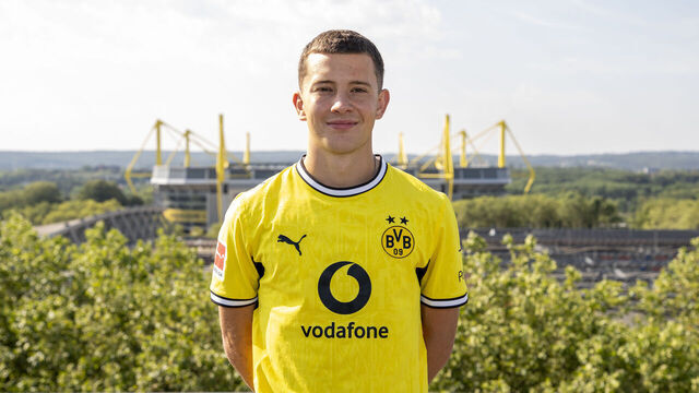 DORTMUND, GERMANY - AUGUST 3: Konstantinos Karetsas of Borussia Dortmund poses after he signed a contract with Borussia Dortmund on August 3, 2026 in Dortmund, Germany.