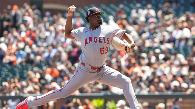 SAN FRANCISCO, CA - JULY 26: José Soriano #59 of the Los Angeles Angels pitches during the game between the Los Angeles Angels and the San Francisco Giants at Oracle Park on Sunday, July 26, 2026 in San Francisco, California.