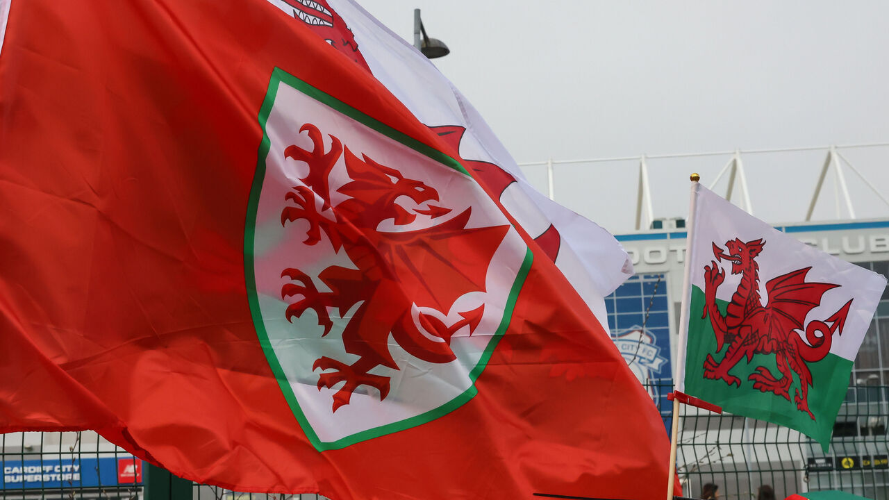 CARDIFF, WALES - MARCH 31: A view of the Wales FAW (Football Association of Wales) Flag ahead of the match between Wales and Northern Ireland in an International Friendly on March 31, 2026 in Cardiff, Wales.