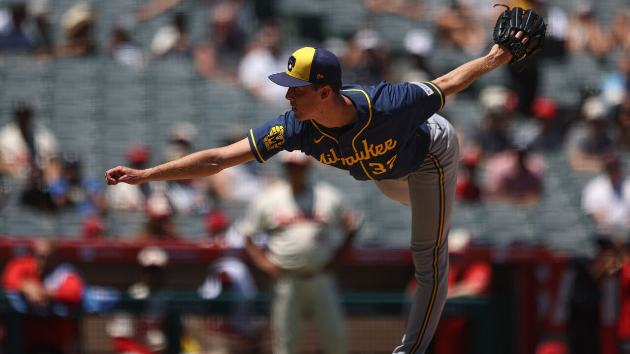ANAHEIM, CALIFORNIA - AUGUST 02: Jacob Misiorowski #32 of the Milwaukee Brewers pitches during the fourth inning against the Los Angeles Angels at Angel Stadium of Anaheim on August 02, 2026 in Anaheim, California.