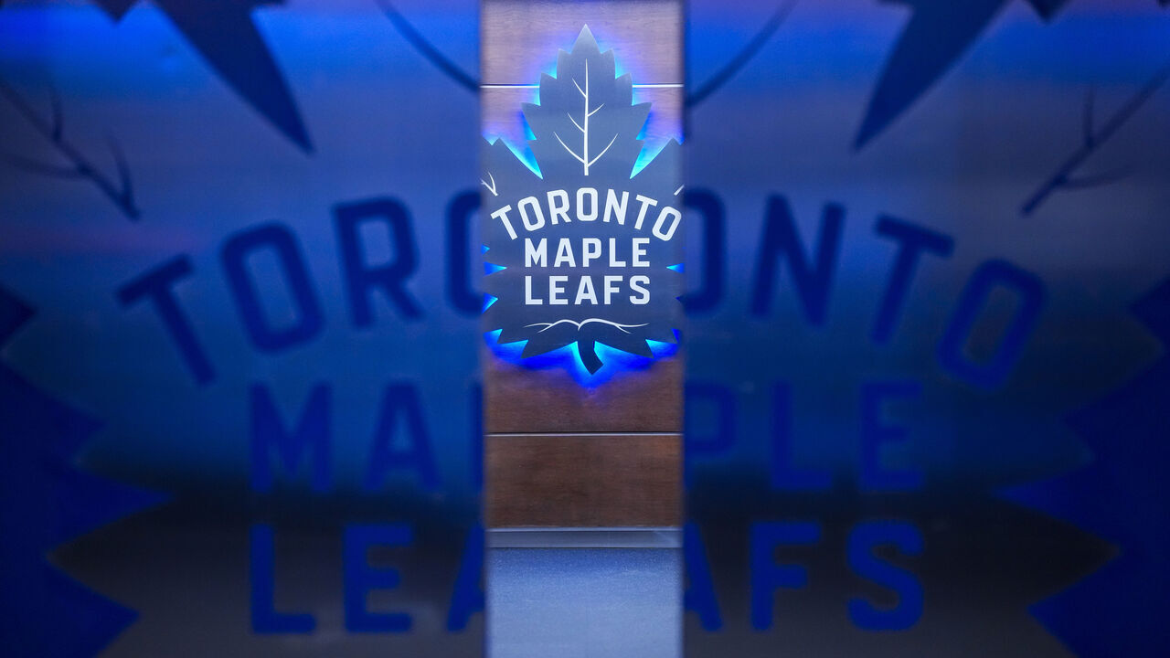 TORONTO, CANADA - DECEMBER 30: The Toronto Maple Leafs logo is seen in front of the locker room ahead of playing the New Jersey Devils at the Scotiabank Arena on December 30, 2025 in Toronto, Ontario, Canada.