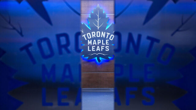 TORONTO, CANADA - DECEMBER 30: The Toronto Maple Leafs logo is seen in front of the locker room ahead of playing the New Jersey Devils at the Scotiabank Arena on December 30, 2025 in Toronto, Ontario, Canada.