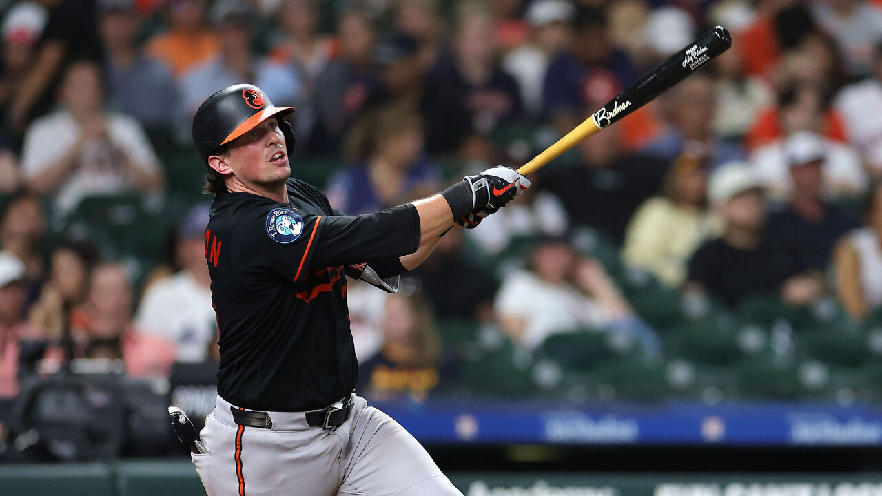 HOUSTON, TEXAS - JULY 17: Adley Rutschman #35 of the Baltimore Orioles watches his ball after hitting a double during the eighth inning against the Houston Astros at Daikin Park on July 17, 2026 in Houston, Texas.