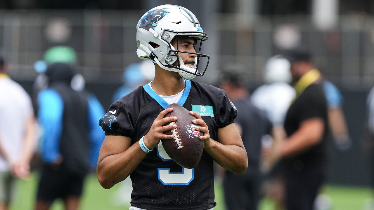 CHARLOTTE, NORTH CAROLINA - JUNE 10: Quarterback Bryce Young #9 of the Carolina Panthers drops back to throw a pass during mandatory mini camp at Carolina Panthers Practice Fields on June 10, 2026 in Charlotte, North Carolina.
