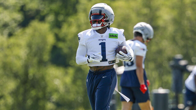 FOXBOROUGH, MA - JULY 26: A.J. Brown #1 of the New England Patriots carries during New England Patriots Training Camp on July 26, 2026, at Gillette Stadium in Foxborough, Massachusetts.
