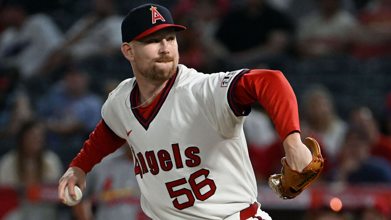 ANAHEIM, CA - JULY 21: Los Angeles Angels pitcher Ryan Zeferjahn (56) pitching during an MLB baseball game against the St. Louis Cardinals played on July 21, 2026 at Angel Stadium in Anaheim, CA.