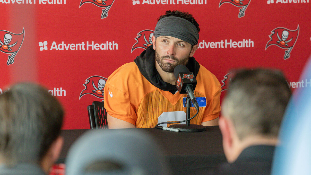 TAMPA, FLORIDA - JULY 30: Baker Mayfield #6 of the Tampa Bay Buccaneers speaks with media during training camp at AdventHealth Training Center on July 30, 2026 in Tampa, Florida.