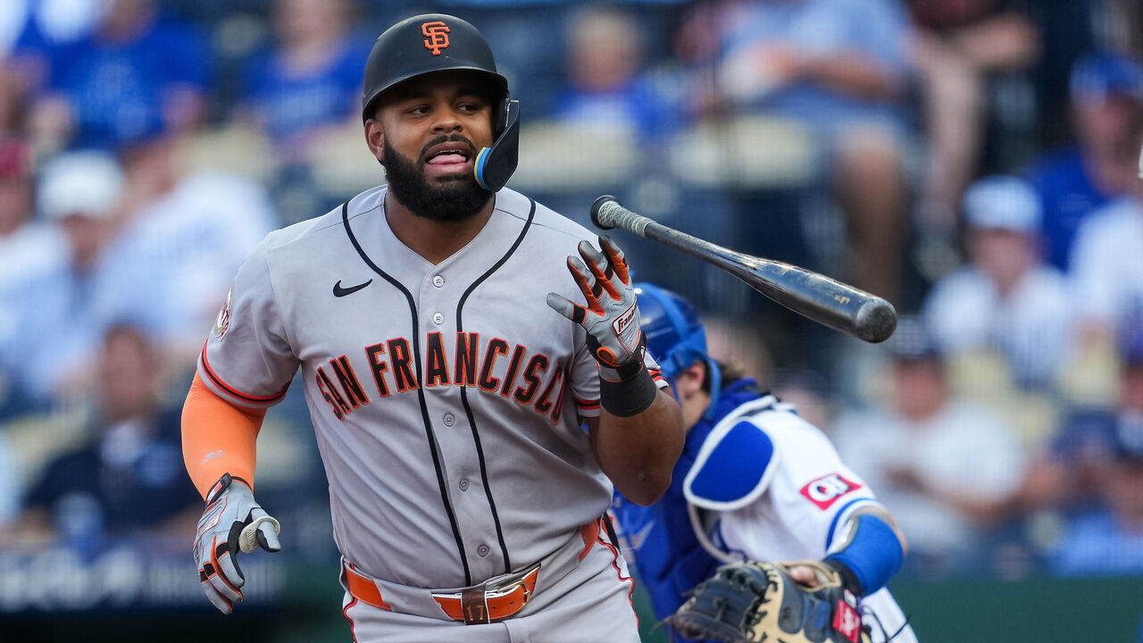 KANSAS CITY, MISSOURI - JULY 21: Heliot Ramos #17 of the San Francisco Giants reacts after being hit by a pitch during the first inning against the Kansas City Royals at Kauffman Stadium on July 21, 2026 in Kansas City, Missouri.