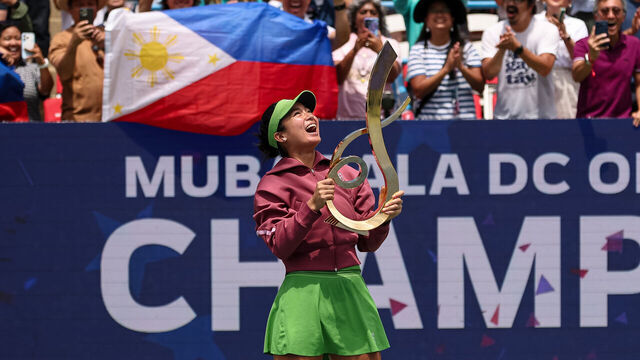 WASHINGTON, DC - AUGUST 03: Alexandra Eala of the Philippines holds the Championship Trophy after winning the women's singles championship match against Jessica Pegula of the United States on the final day of the Mubadala DC Open 2026 at William H.G. FitzGerald Tennis Center on August 3, 2026 in Washington, DC.