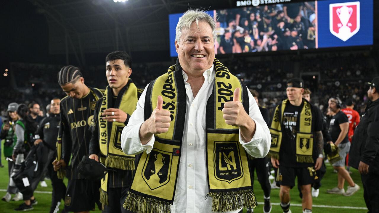 LOS ANGELES, CALIFORNIA - SEPTEMBER 25: LAFC Co-Managing Owner Larry Berg celebrates win over Sporting Kansas City in the finals of the 2024 Lamar Hunt U. S. Open Cup at BMO Stadium on September 25, 2024 in Los Angeles, California.