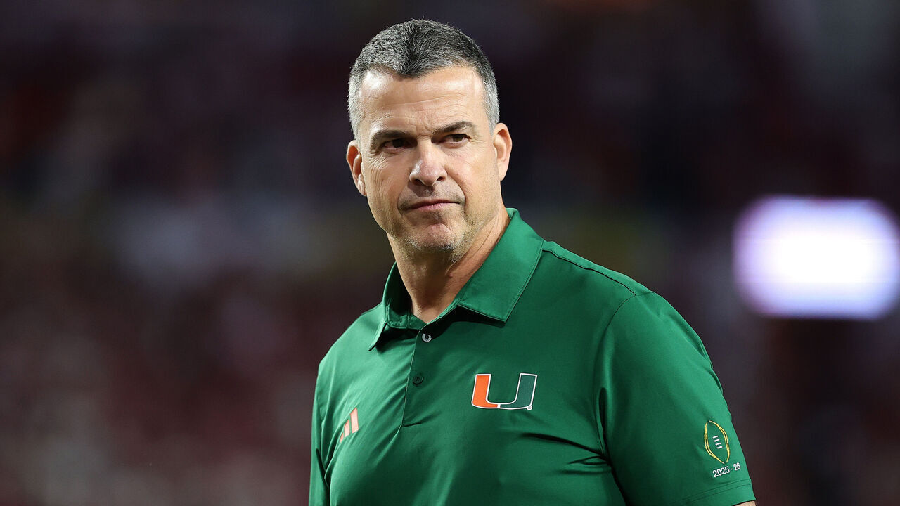 MIAMI GARDENS, FLORIDA - JANUARY 19: Head coach Mario Cristobal of the Miami Hurricanes looks on prior to a game against the Indiana Hoosiers in the 2026 College Football Playoff National Championship at Hard Rock Stadium on January 19, 2026 in Miami Gardens, Florida.