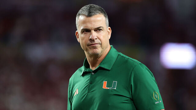 MIAMI GARDENS, FLORIDA - JANUARY 19: Head coach Mario Cristobal of the Miami Hurricanes looks on prior to a game against the Indiana Hoosiers in the 2026 College Football Playoff National Championship at Hard Rock Stadium on January 19, 2026 in Miami Gardens, Florida.