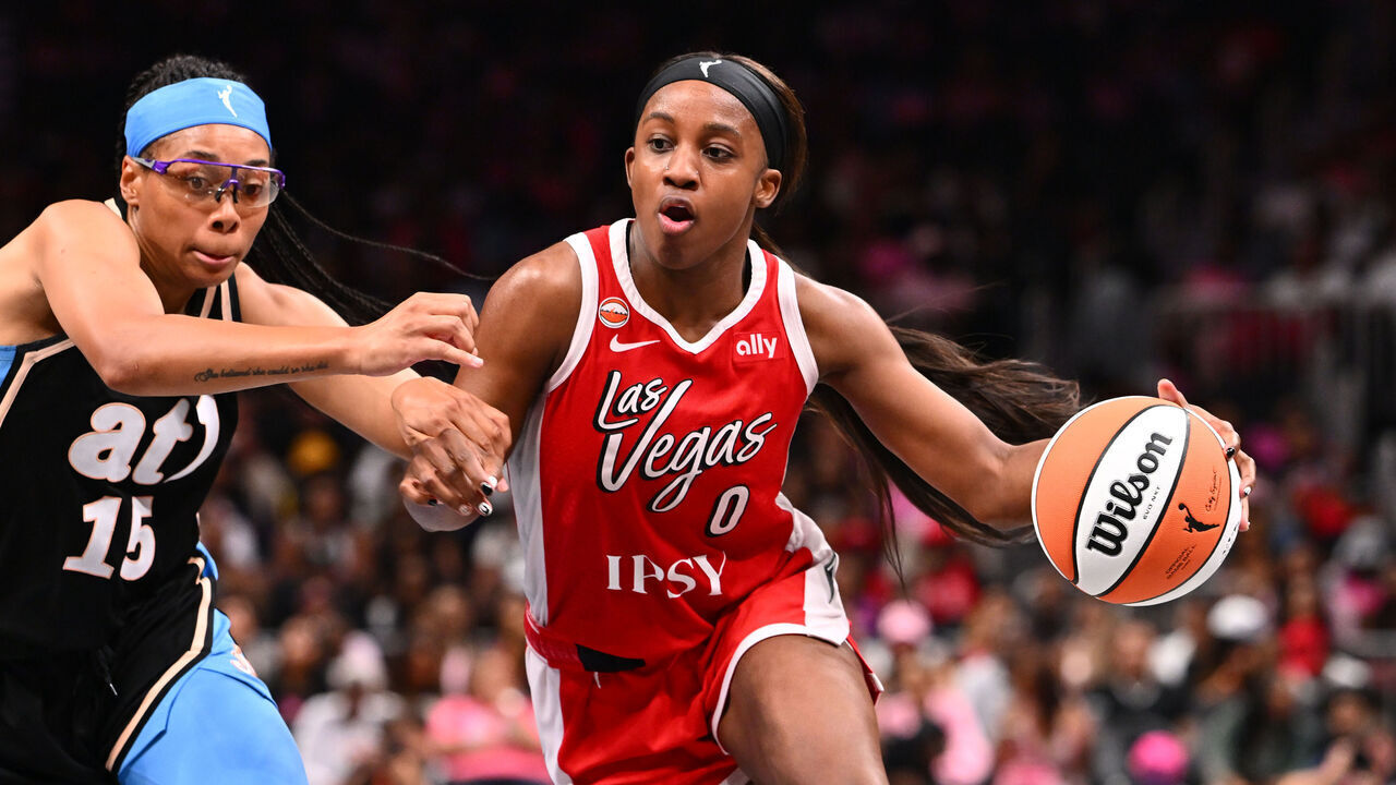 ATLANTA, GA - AUGUST 3: Jackie Young #0 of the Las Vegas Aces dribbles the ball during the game against the Atlanta Dream on August 3, 2026 at Gateway Center Arena at College Park in Atlanta, Georgia. Mandatory Copyright Notice: Copyright 2026 NBAE