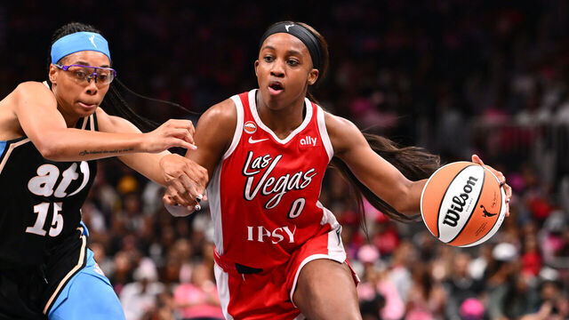 ATLANTA, GA - AUGUST 3: Jackie Young #0 of the Las Vegas Aces dribbles the ball during the game against the Atlanta Dream on August 3, 2026 at Gateway Center Arena at College Park in Atlanta, Georgia. Mandatory Copyright Notice: Copyright 2026 NBAE