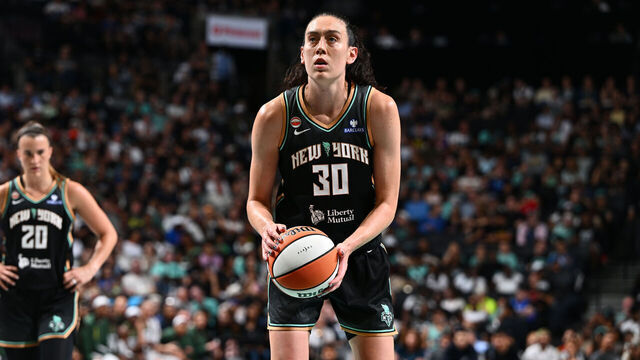 BROOKLYN, NY - AUGUST 3: Breanna Stewart #30 of the New York Liberty shoots a free throw during the game against the Seattle Storm on August 3, 2026 at Barclays Center Arena in Brooklyn, New York. Mandatory Copyright Notice: Copyright 2026 NBAE