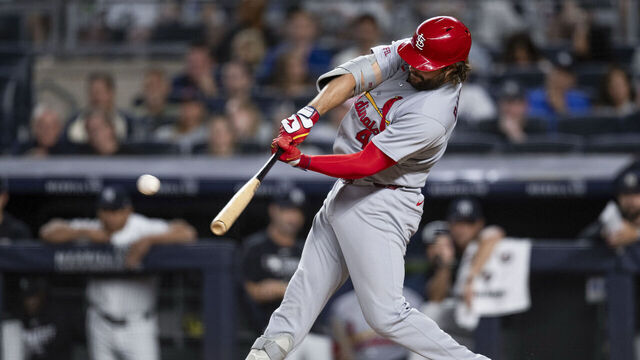NEW YORK, NY - AUGUST 03: Alec Burleson #41 of the St. Louis Cardinals hits a two-run home run in the fourth inning during the game between the St. Louis Cardinals and the New York Yankees at Yankee Stadium on Monday, August 3, 2026 in New York, New York.