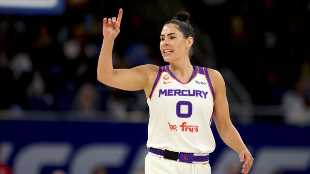 CHICAGO, ILLINOIS - AUGUST 03: Kelsey Plum #0 of the Phoenix Mercury gestures during the first half against the Chicago Sky at Wintrust Arena on August 03, 2026 in Chicago, Illinois.