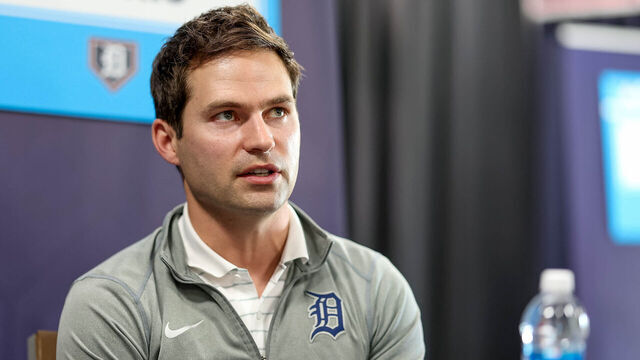 TAMPA, FL - FEBRUARY 15: President of baseball operations Scott Harris of the Detroit Tigers speaks during the 2024 Grapefruit League Spring Training Media Day at George M. Steinbrenner Field on Thursday, February 15, 2024 in Tampa, Florida.