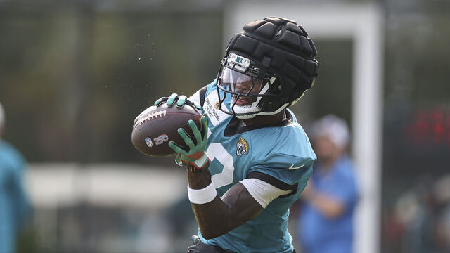 JACKSONVILLE, FL - JULY 31: Jacksonville Jaguars wide receiver Travis Hunter (12) catches a pass during training camp on July 31, 2026 at the Miller Electric Center in Jacksonville, Fl.
