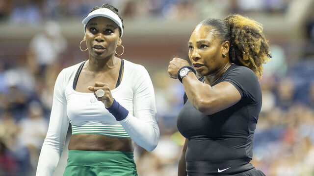 NEW YORK, USA, September 01: Serena Williams and Venus Williams of the United States during their Women's Doubles match on Arthur Ashe Stadium against Lucie Hradecka and Linda Noskova of the Czech Republic during the US Open Tennis Championship 2022 at the USTA National Tennis Centre on September 1st 2022 in Flushing, Queens, New York City.