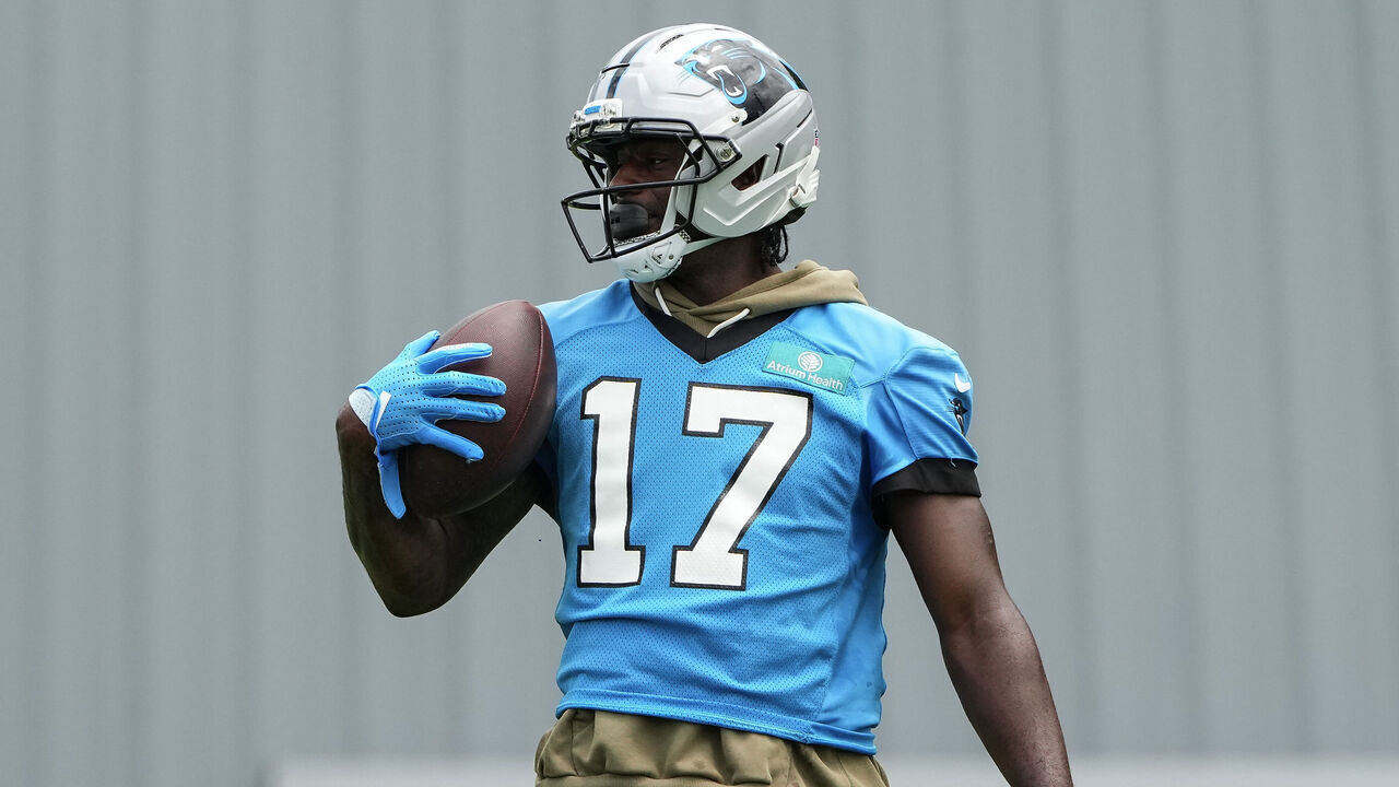 CHARLOTTE, NORTH CAROLINA - JUNE 10: Wide receiver Xavier Legette #17 of the Carolina Panthers looks on during mandatory minicamp at Carolina Panthers Practice Fields on June 10, 2026 in Charlotte, North Carolina.