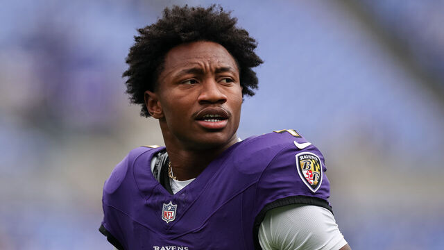 BALTIMORE, MD - NOVEMBER 23: Zay Flowers #4 of the Baltimore Ravens looks on before the game against the New York Jets at M&T Bank Stadium on November 23, 2025 in Baltimore, Maryland.