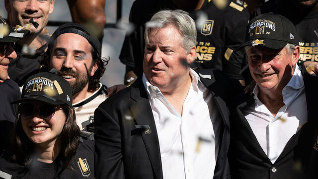 LOS ANGELES, CA - OCTOBER 30: LAFC Owner Larry Berg celebrates winning the Western Conference Final following the MLS Cup Western Conference Final match against Austin FC at Banc of California Stadium in Los Angeles, California on October 30, 2022. Los Angeles FC won the match 3-0