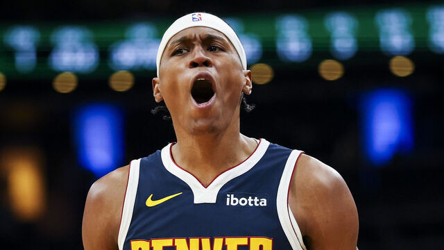 BOSTON, MA - JANUARY 7: Peyton Watson #8 of the Denver Nuggets reacts in the fourth quarter of the game against the Boston Celtics at TD Garden on January 7, 2026 in Boston, Massachusetts.