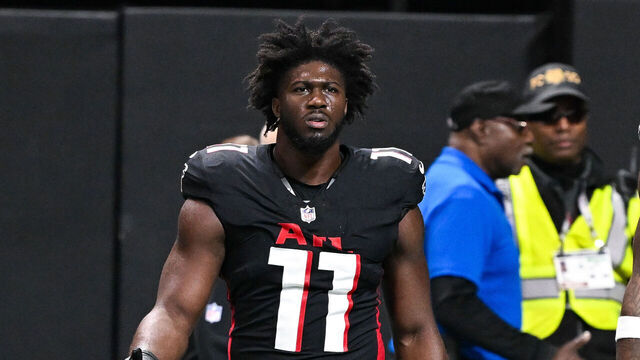 ATLANTA, GA - JANUARY 04: Atlanta linebacker Jalon Walker (11) reacts prior to the start of the NFL game between the New Orleans Saints and the Atlanta Falcons on January 4th, 2026 at Mercedes-Benz Stadium in Atlanta, GA.