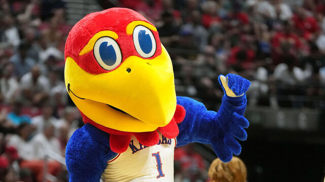 SAN DIEGO, CA - MARCH 22: The Kansas Jayhawks mascot on the floor during the second round game of the 2026 NCAA Men's Basketball Tournament against the St. John's Red Storm at Viejas Arena at San Diego State University on March 22, 2026 in San Diego, California.