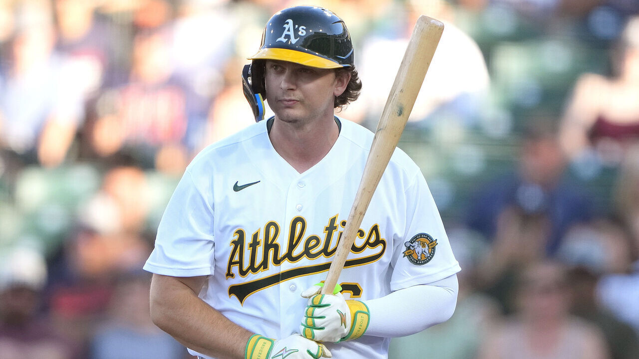 SACRAMENTO, CALIFORNIA - JULY 31: Nick Kurtz #16 of the Athletics reacts after striking out against the Detroit Tigers in the bottom of the first inning at Sutter Health Park on July 31, 2026 in Sacramento, California.