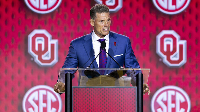 TAMPA, FLORIDA - JULY 20: Head Coach Brent Venables of the Oklahoma Sooners speaks at the SEC Football Media Day at Tampa Marriott Water Street on July 20, 2026 in Tampa, Florida.