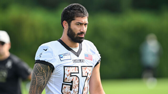 PHILADELPHIA, PA - AUGUST 01: Philadelphia Eagles defensive end A.J. Epenesa #57 looks on during the Philadelphia Eagles training camp on August 1st, 2026 at Jefferson Health Training Complex in Philadelphia, PA.