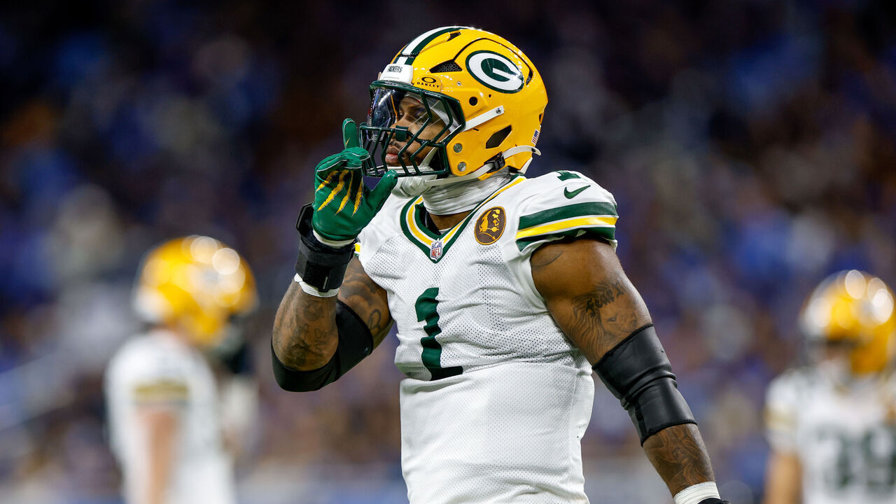 DETROIT, MICHIGAN - NOVEMBER 27: Micah Parsons #1 of the Green Bay Packers celebrates during the NFL 2025 game against the Detroit Lions at Ford Field on November 27, 2025 in Detroit, Michigan.