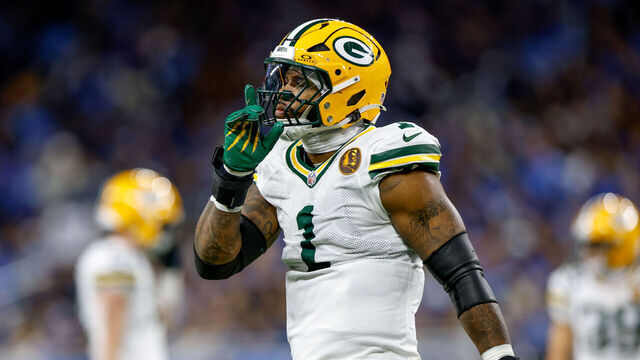 DETROIT, MICHIGAN - NOVEMBER 27: Micah Parsons #1 of the Green Bay Packers celebrates during the NFL 2025 game against the Detroit Lions at Ford Field on November 27, 2025 in Detroit, Michigan.