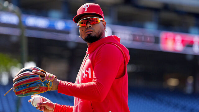 PHILADELPHIA, PA - AUGUST 04: Luis Arraez #4 of the Philadelphia Phillies warms up prior to the game between the Washington Nationals and the Philadelphia Phillies at Citizens Bank Park on Tuesday, August 4, 2026 in Philadelphia, Pennsylvania.