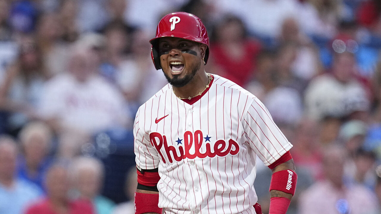PHILADELPHIA, PENNSYLVANIA - AUGUST 4: Luis Arraez #4 of the Philadelphia Phillies reacts during his at-bat in the bottom of the fifth inning against the Washington Nationals at Citizens Bank Park on August 4, 2026 in Philadelphia, Pennsylvania. The Phillies defeated the Nationals 5-0.