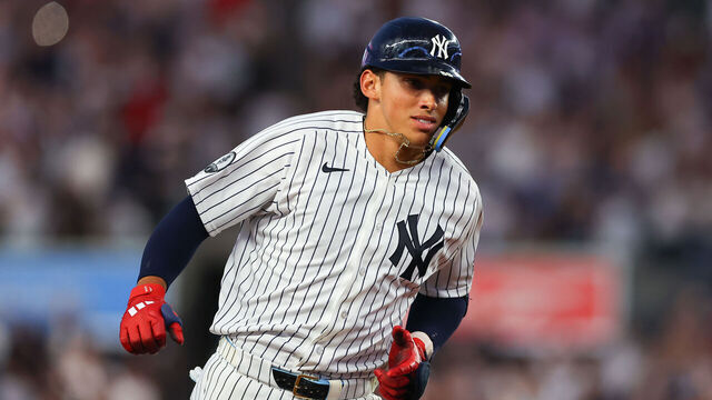 BRONX, NY - AUGUST 04: George Lombard Jr #96 of the New York Yankees rounds the bases after hitting a home run during the fifth inning of the game against the St. Louis Cardinals on August 4, 2026 at Yankee Stadium in the Borough of the Bronx, New York.