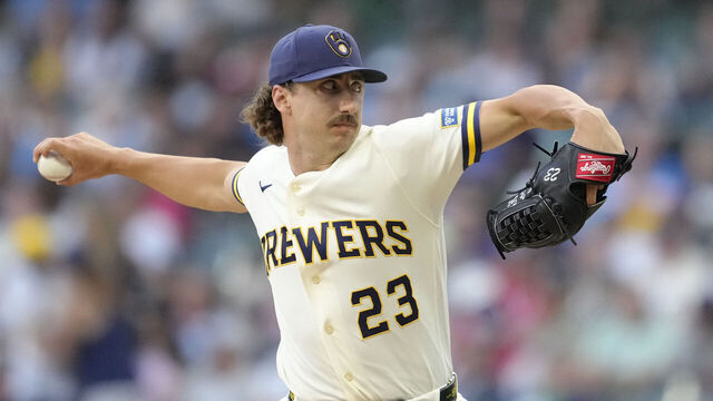 MILWAUKEE, WISCONSIN - AUGUST 03: Brandon Sproat #23 of the Milwaukee Brewers pitches against the Pittsburgh Pirates in the first inning at American Family Field on August 03, 2026 in Milwaukee, Wisconsin.